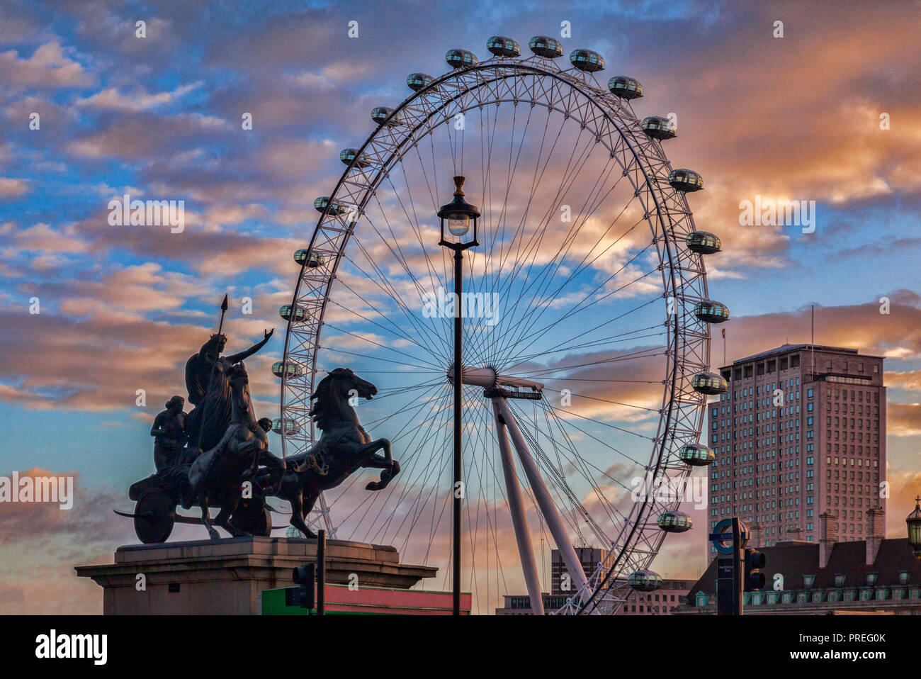 Statue of Boudica, Queen of the Iceni, and the London Eye. Stock Photo