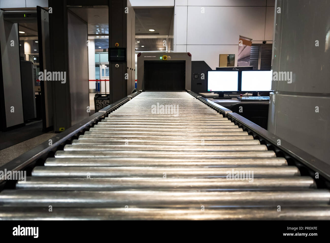 Xray machine at the airport checkin counter. Baggage check. The