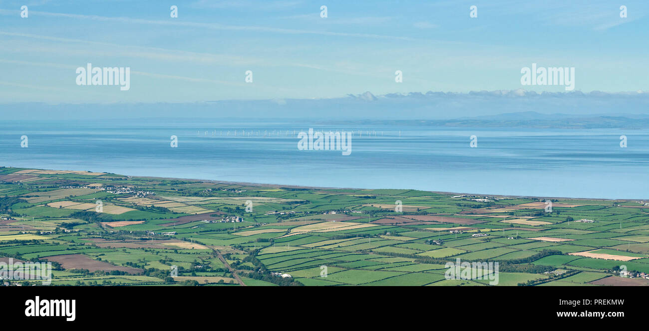 An aerial view of the Solway Firth, shot from West of Wigton, looking north to Galloway and south west Scotland Stock Photo