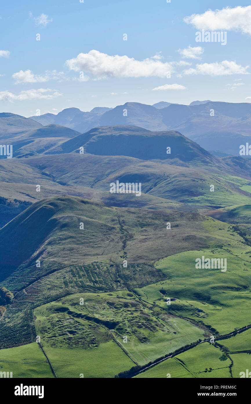 The fells and mountains of the Lake District national park, shot from the air, North West England, Cumbria, UK Stock Photo