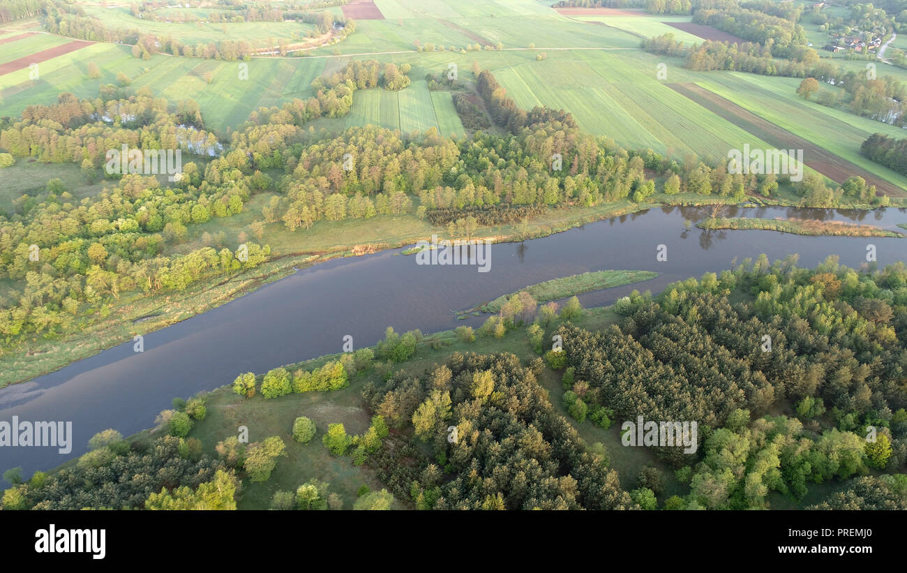Natural river drone photo taken in spring - Poland Stock Photo