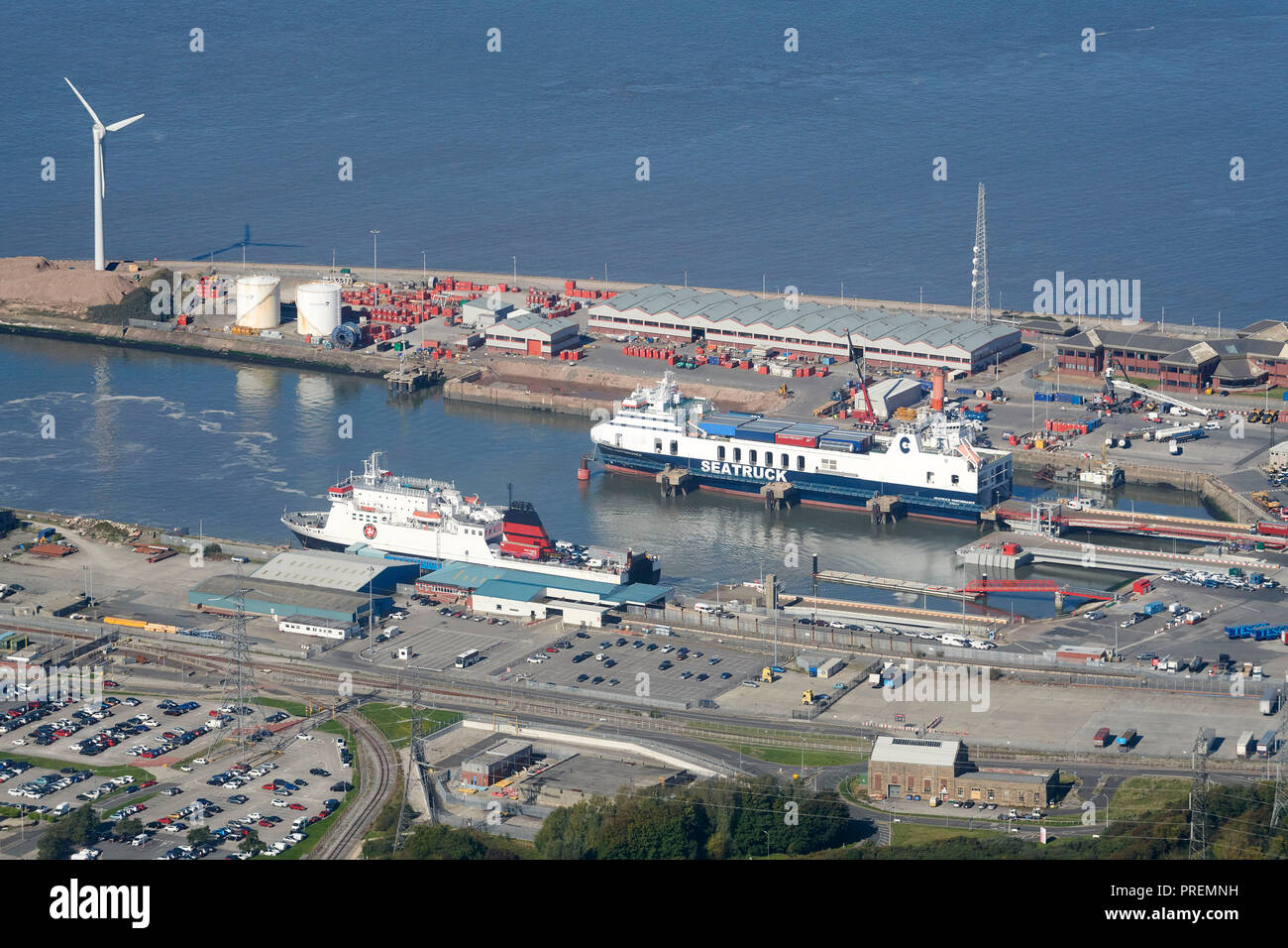 An aerial photo of Heysham Port, north west England, UK, on the edge of Morecambe bay, Isle of Man ferry in port Stock Photo