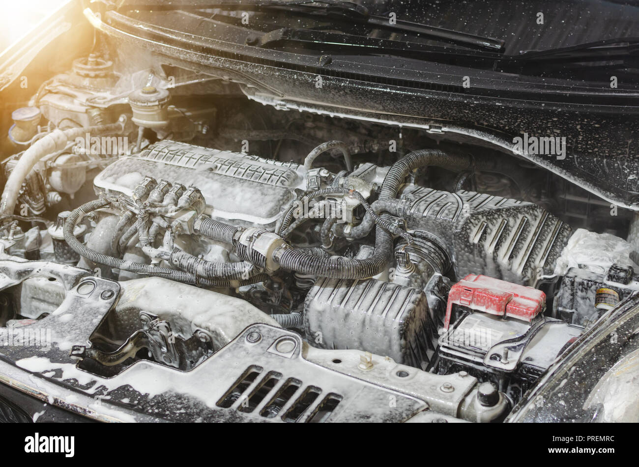 Engine, detailed cleaning foam.car wash Stock Photo Alamy