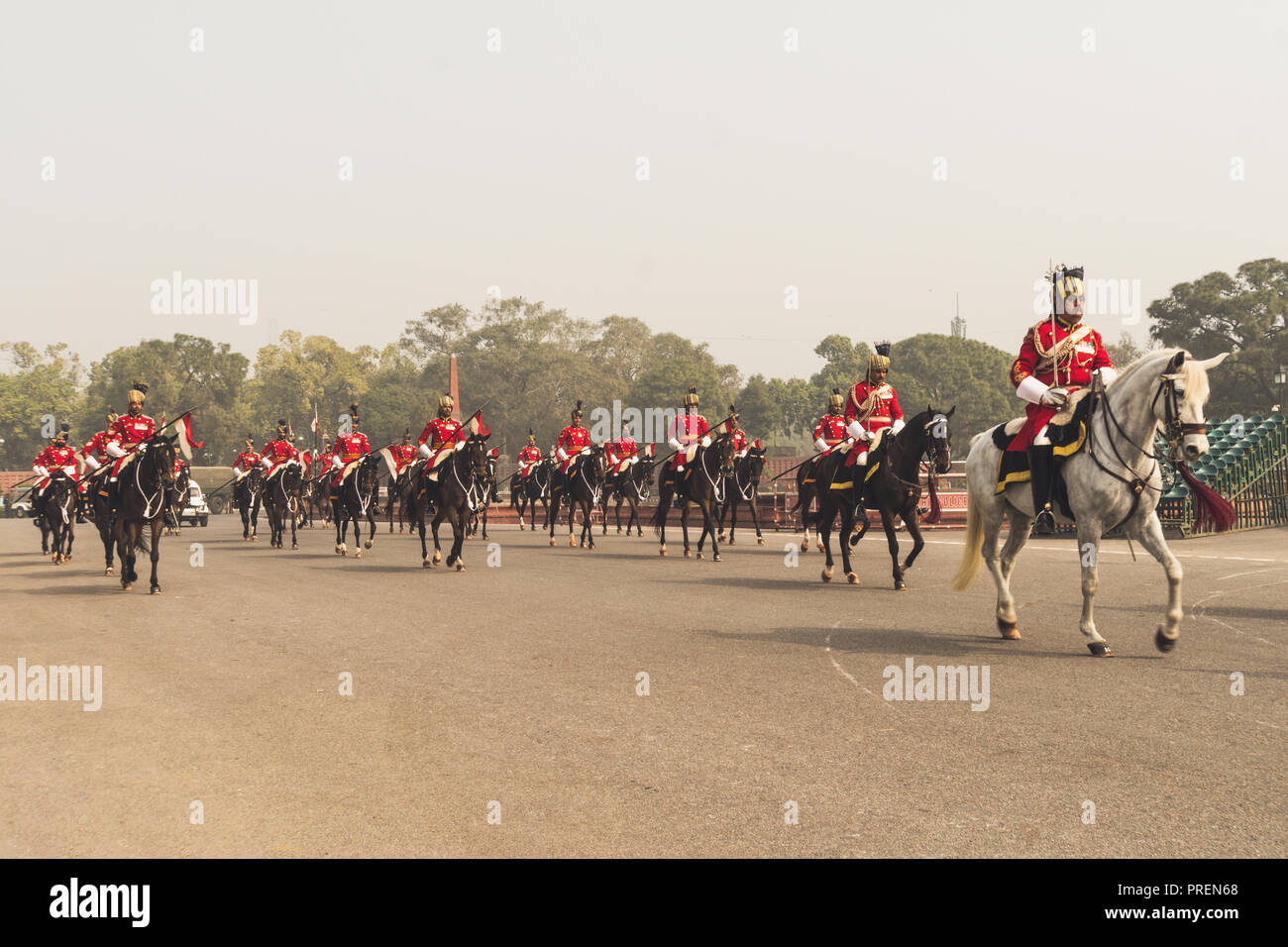 Soldiers practice for the Republic day parade on horses in New Delhi, India. January 26, 2018 in Delhi, India Stock Photo