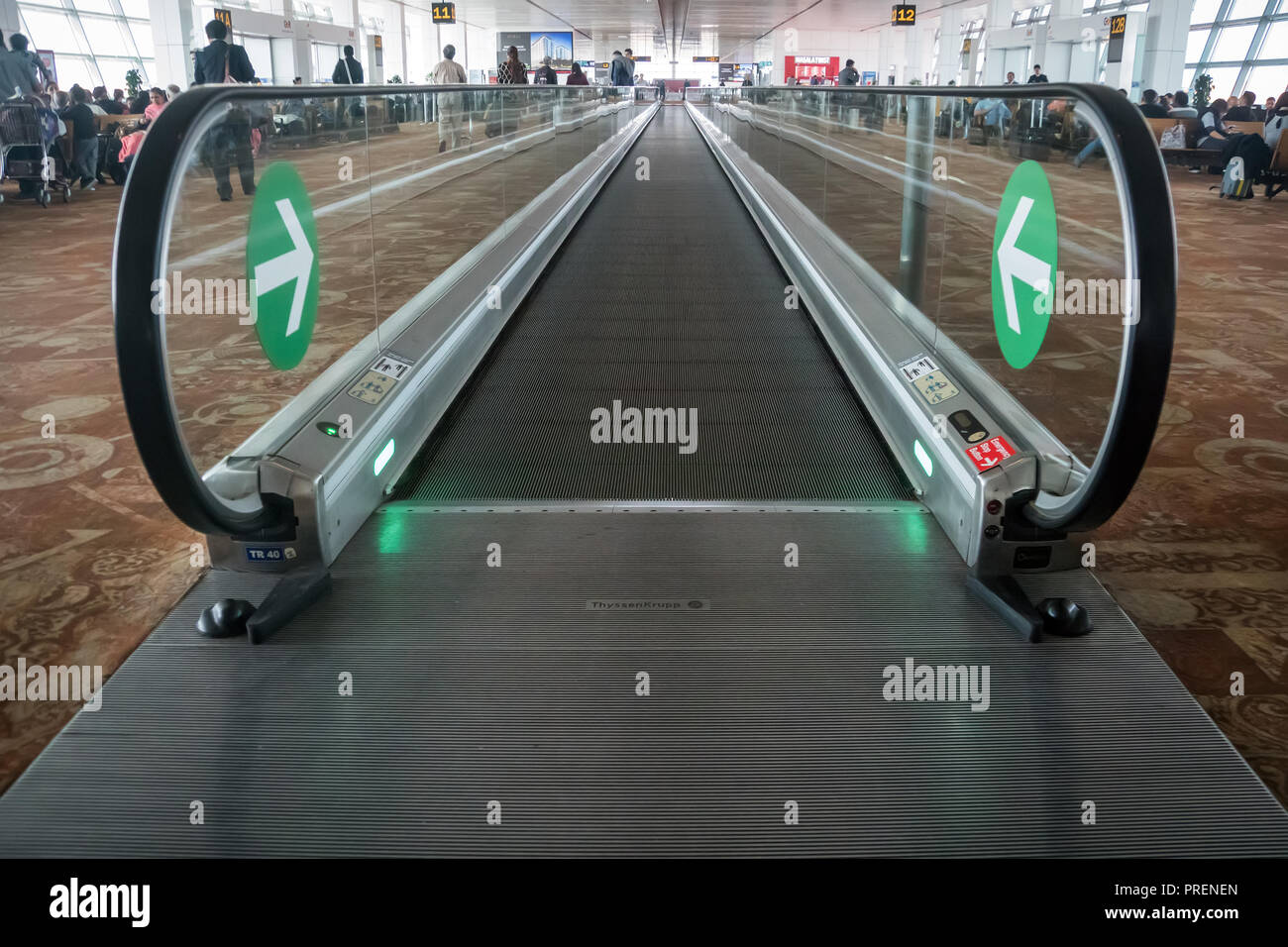 Movable conveyor belts at the airport, straight flat escalator Stock