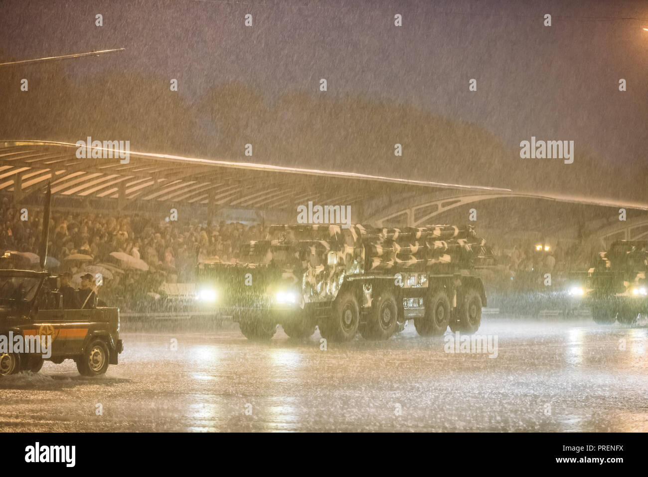 Minsk, Belarus. Soviet Heavy Multiple Rocket Launcher BM-30 Smerch Moving At Street During Rehearsal Before Celebration Of Independence Day Of Belarus Stock Photo