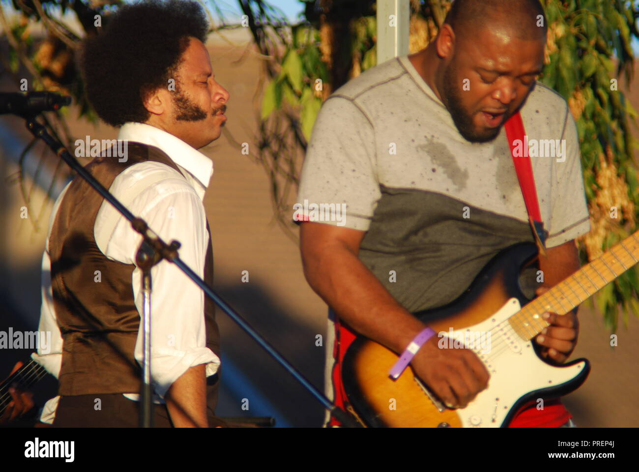 Rapper Boots Riley and guitarist Grego Simmons perform with the Coup during the Life is Living festival in West Oakland on Oct. 8, 2016. Stock Photo
