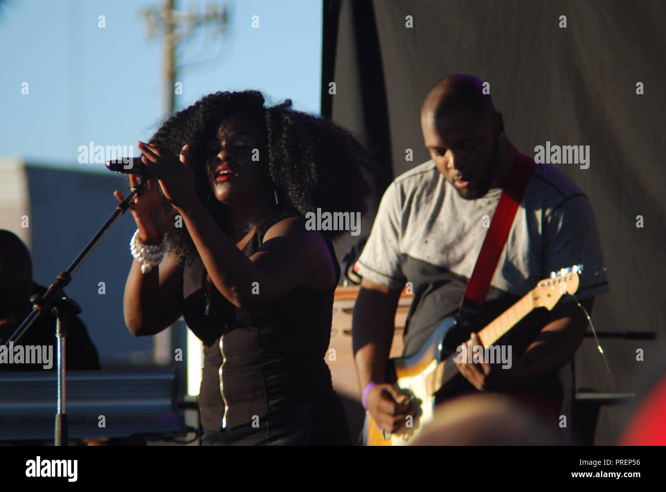 Singer Silk E and guitarist Grego Simmons of the Coup perform at the Life is Living festival in West Oakland on Oct. 8, 2016. Stock Photo