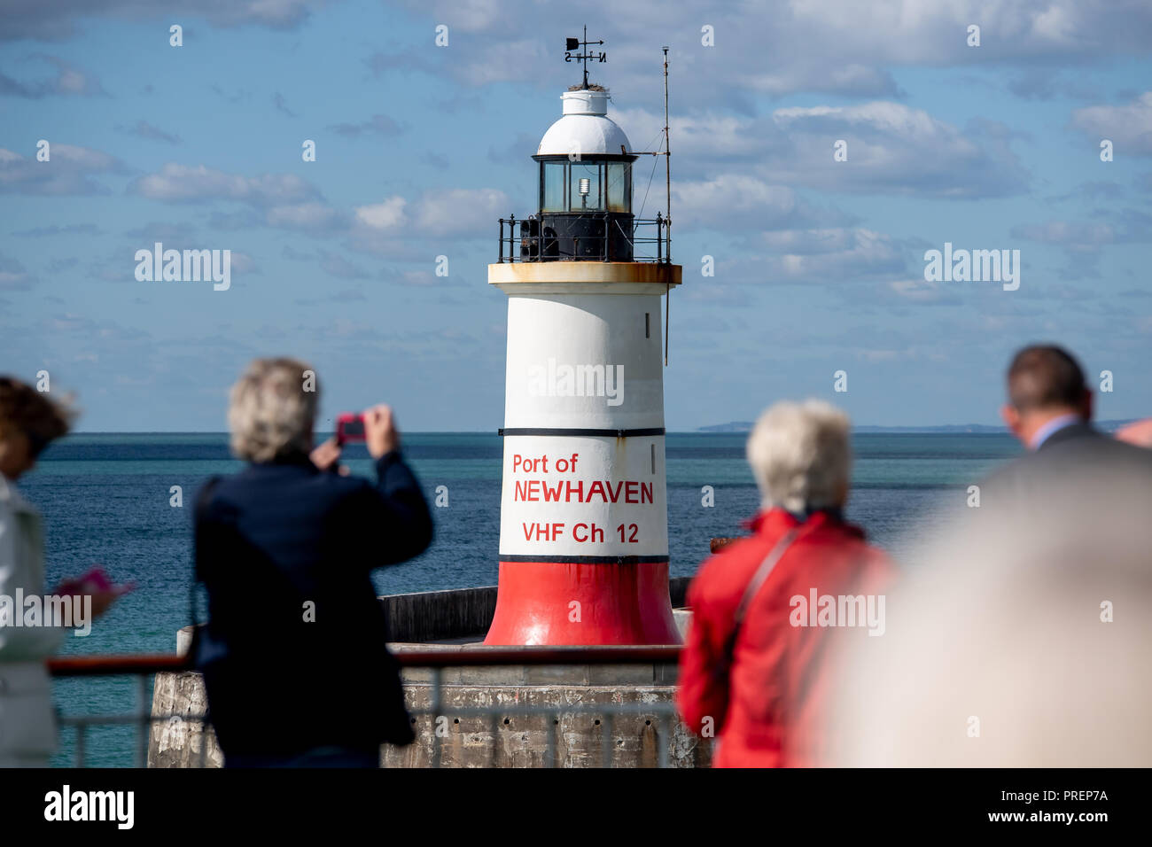 View of Newhaven lighthouse from on board a ferry, Sussex, UK Stock Photo