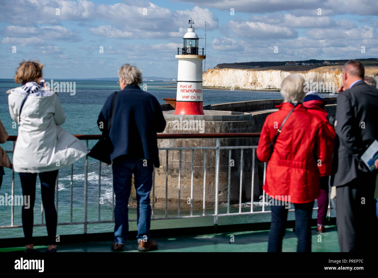 View of Newhaven lighthouse from on board a ferry, Sussex, UK Stock Photo