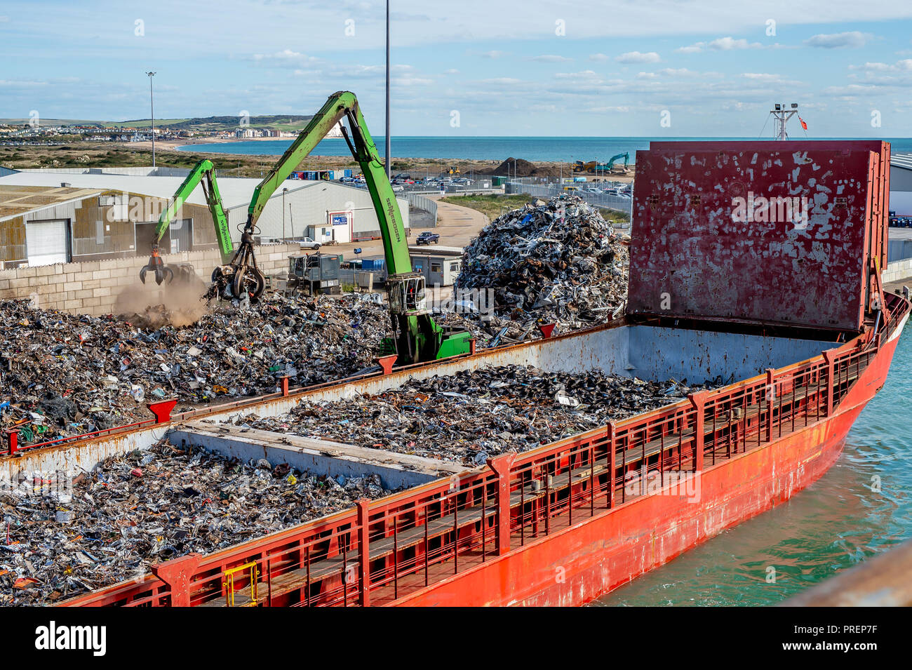 Scrapyard in Newhaven harbour, Sussex, UK. View from on board a ferry. Stock Photo