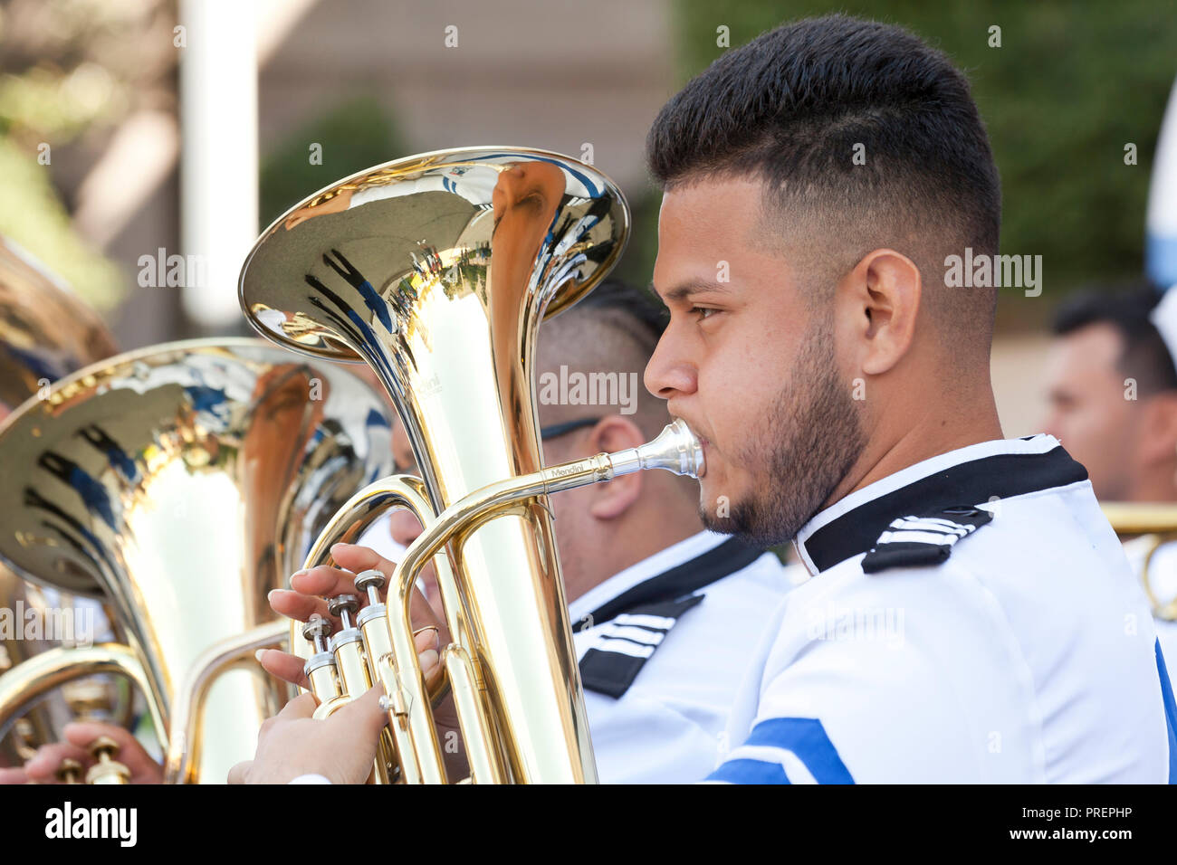 Tuba player performing in a marching band - USA Stock Photo