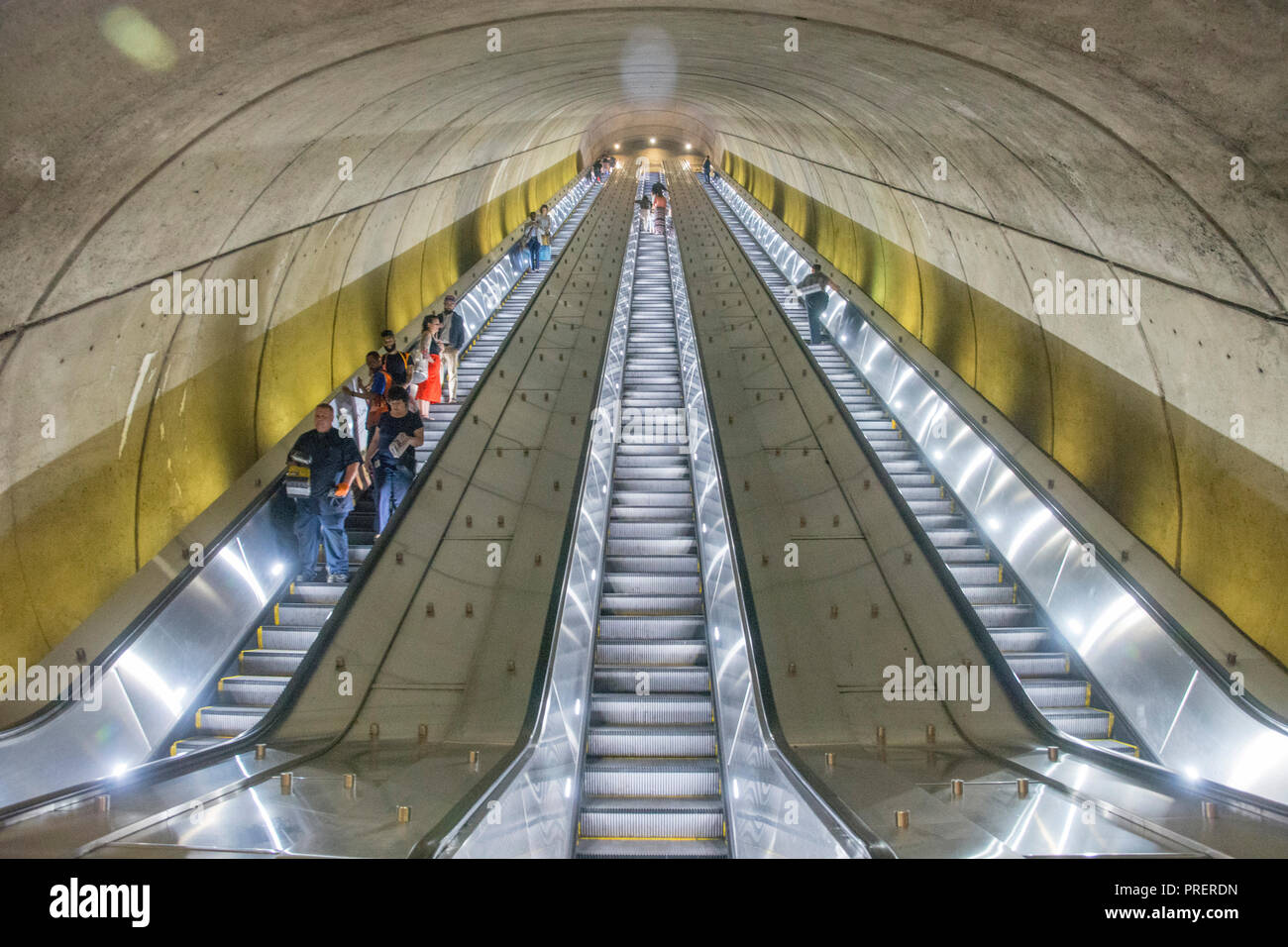 The Woodley Park / Zoo / Adams Morgan Metro Station has some of the world's longest escalators. Stock Photo