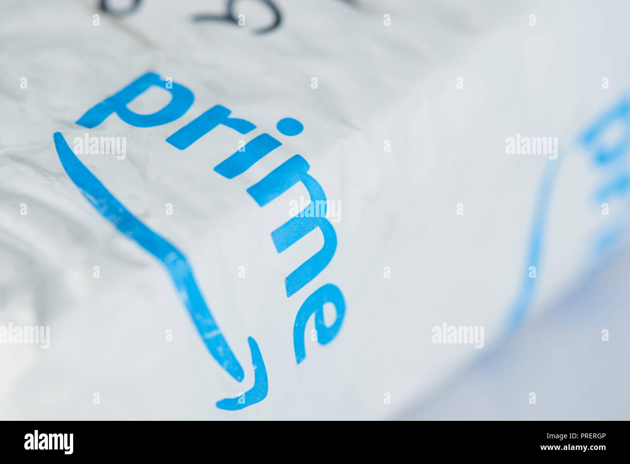 New york, USA - October 1, 2018: Amazon prime package logo on white box background Stock Photo