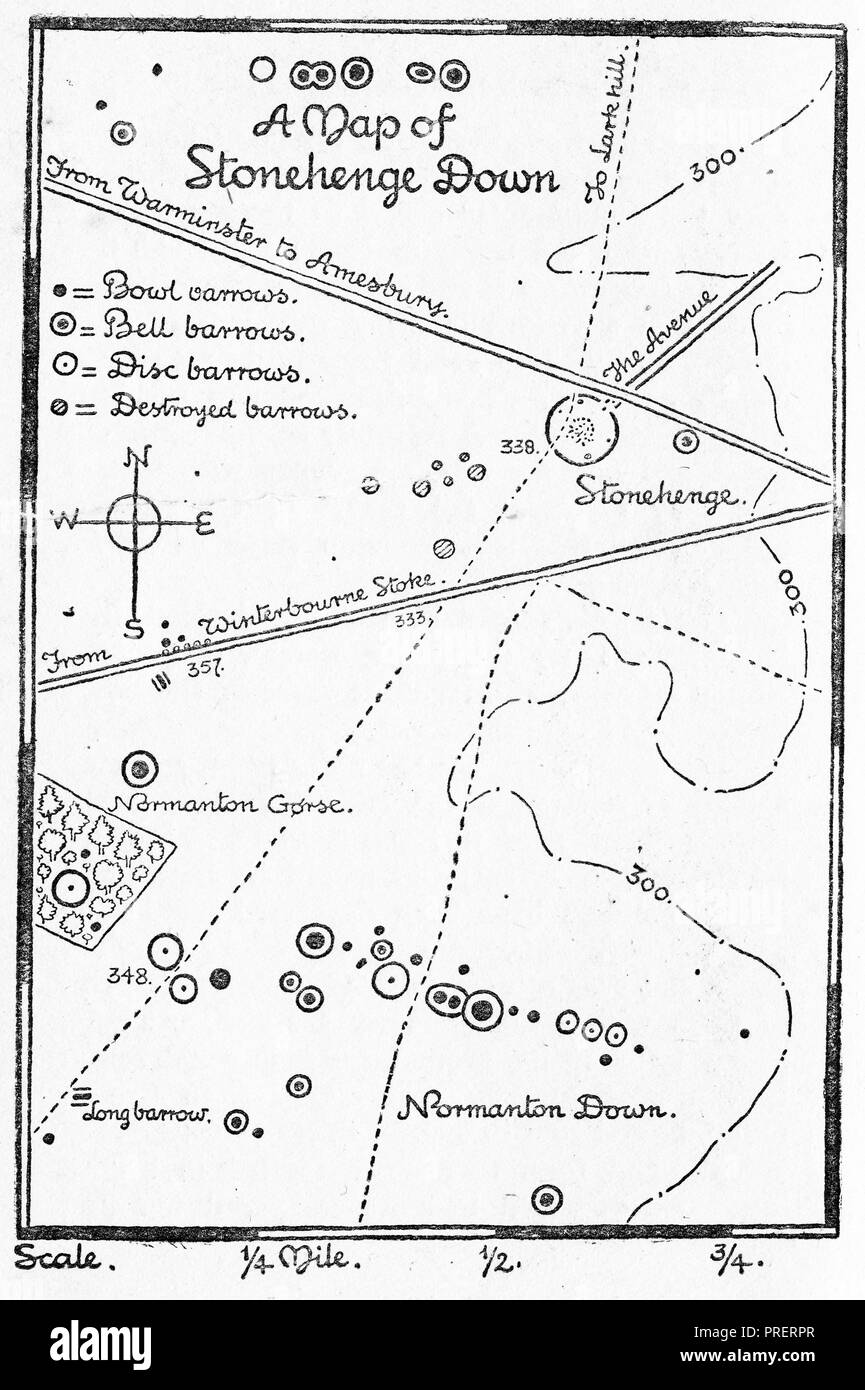 Engraving of a plan view of Stonehenge Down, including various barrows and Normanton Down. From Stonehenge Today and Yesterday, 1916 Stock Photo