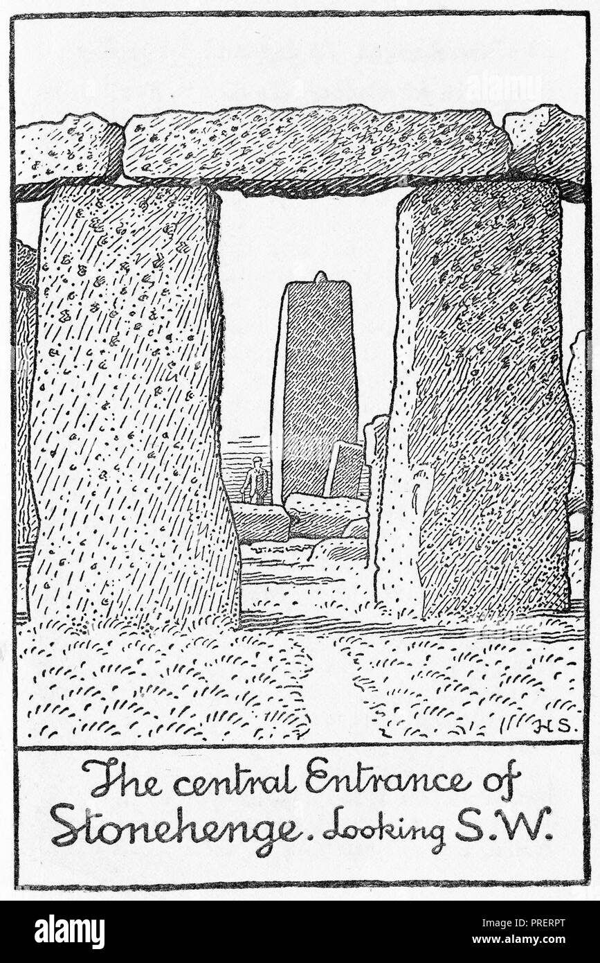 Engraving of the central entrance to stonehenge looking south west. From Stonehenge Today and Yesterday, 1916 Stock Photo
