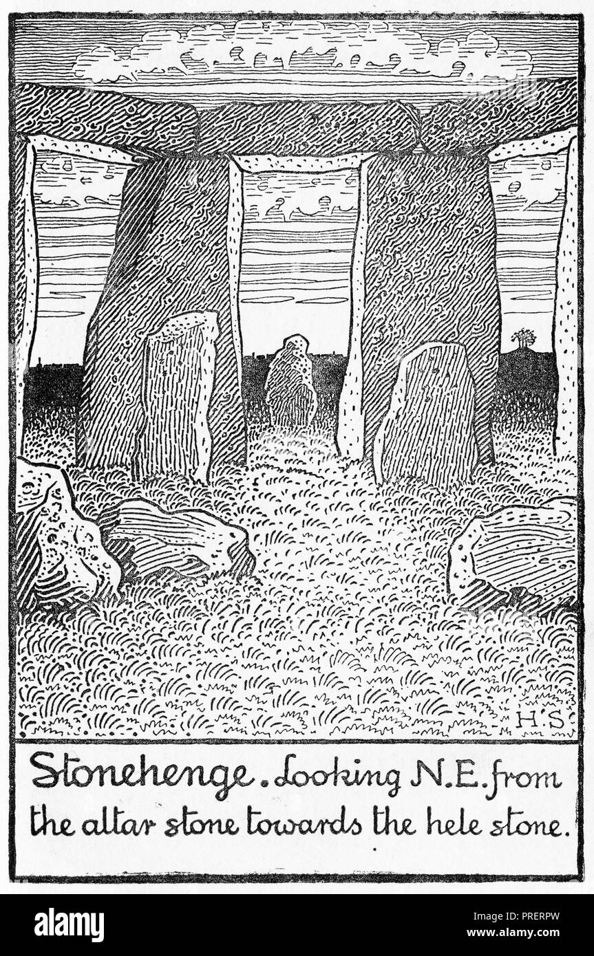 Engraving of stonehenge looking norht east from the altar stone towards the hele stone. From Stonehenge Today and Yesterday, 1916 Stock Photo