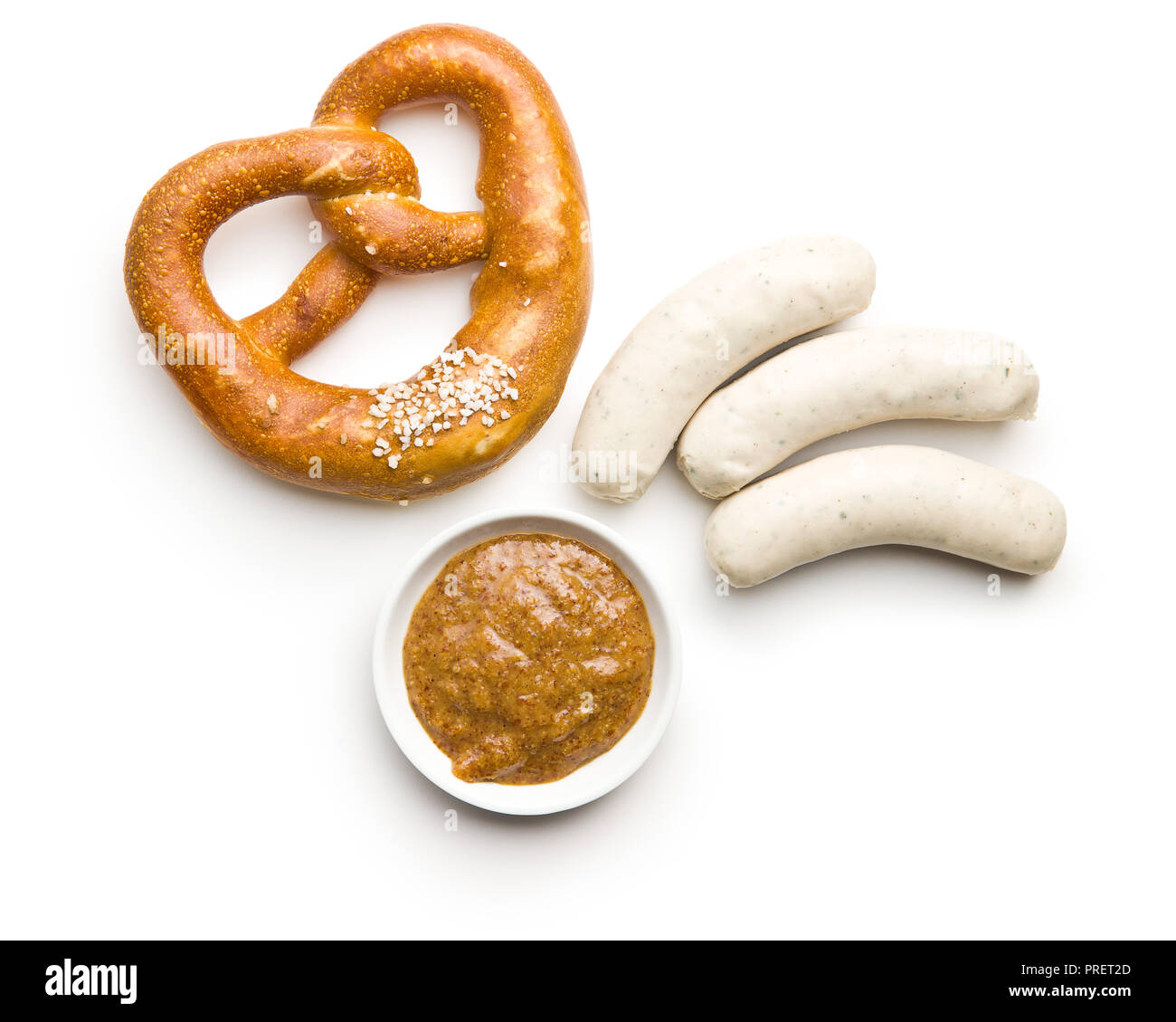 The bavarian weisswurst, pretzel and mustard isolated on white backround. Stock Photo