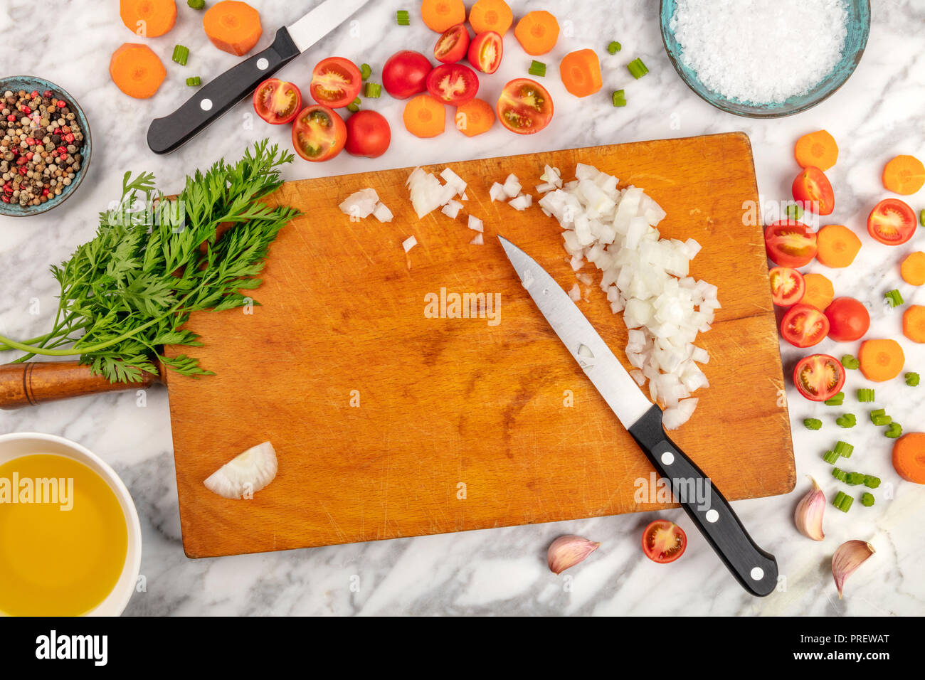 Prep time, or mise en place. An overhead photo of professional chef's ...