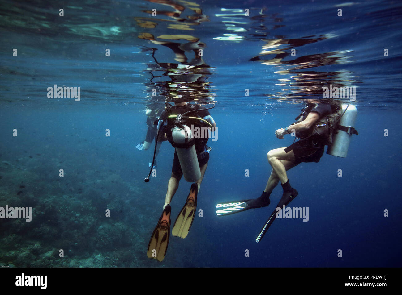 Group of scuba divers ready to descend underwater at Bunaken Island in