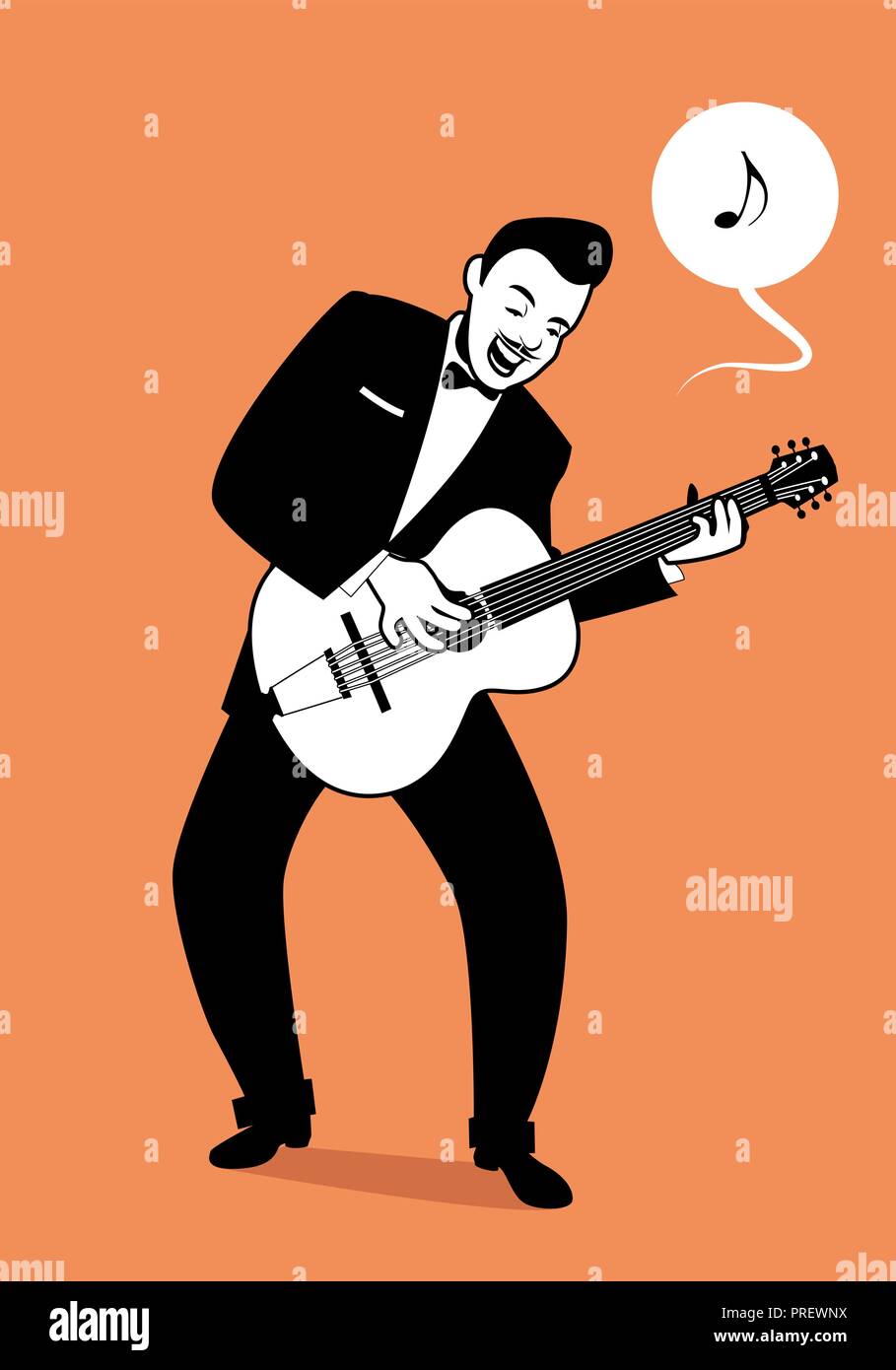 Retro cartoon music. Guitar player playing a song. Musical note Stock Vector