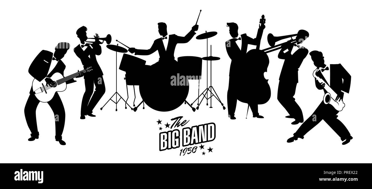 Jazz Swing Orchestra. Retro style. Cartoon vector illustration. 50's or 60's style musicians Stock Vector