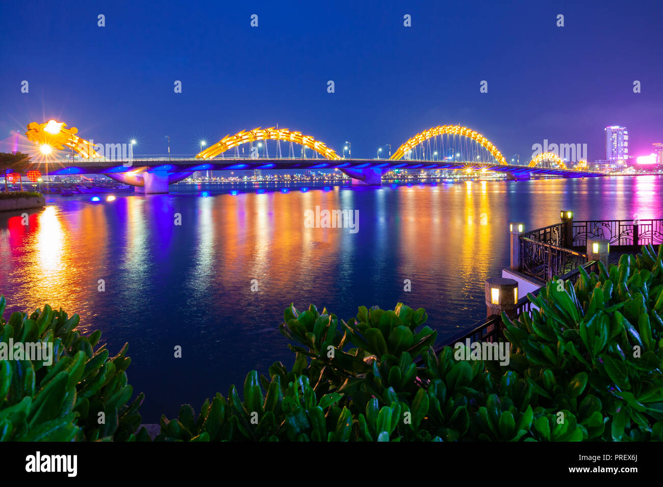 A night view of the Dragon Bridge (Cau Rong) , Da Nang, Vietnam Stock Photo