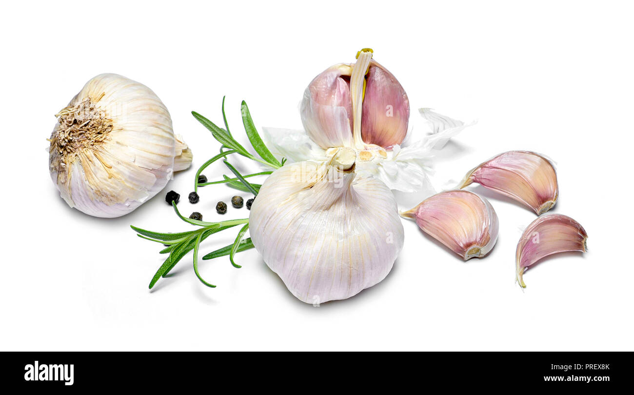 Beautiful fresh garlic with black peppercorns and rosemary branches. Group of objects or cooking ingredients, isolated on white background. Closeup sh Stock Photo