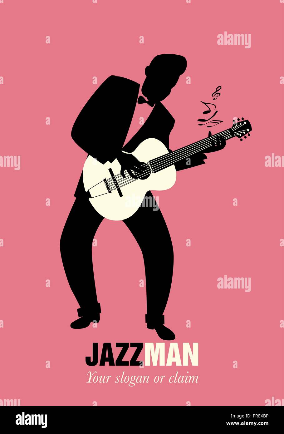 Retro cartoon music. Guitar player playing a song. Musical note Stock Vector