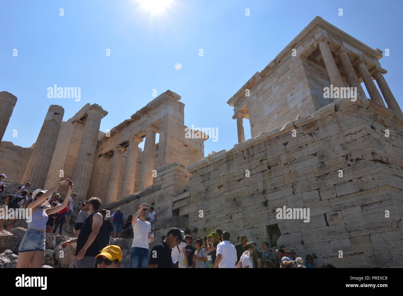 Propylaea of the Acropolis of Athens. Architecture, History, Travel, Landscapes. July 9, 2018. Athens Greece. Stock Photo