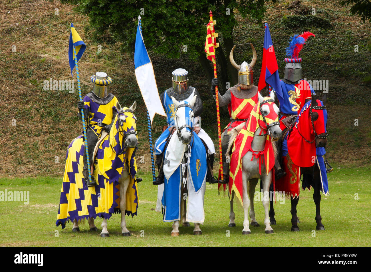 Horses and people dressed in medieval costumes for a mock jousting