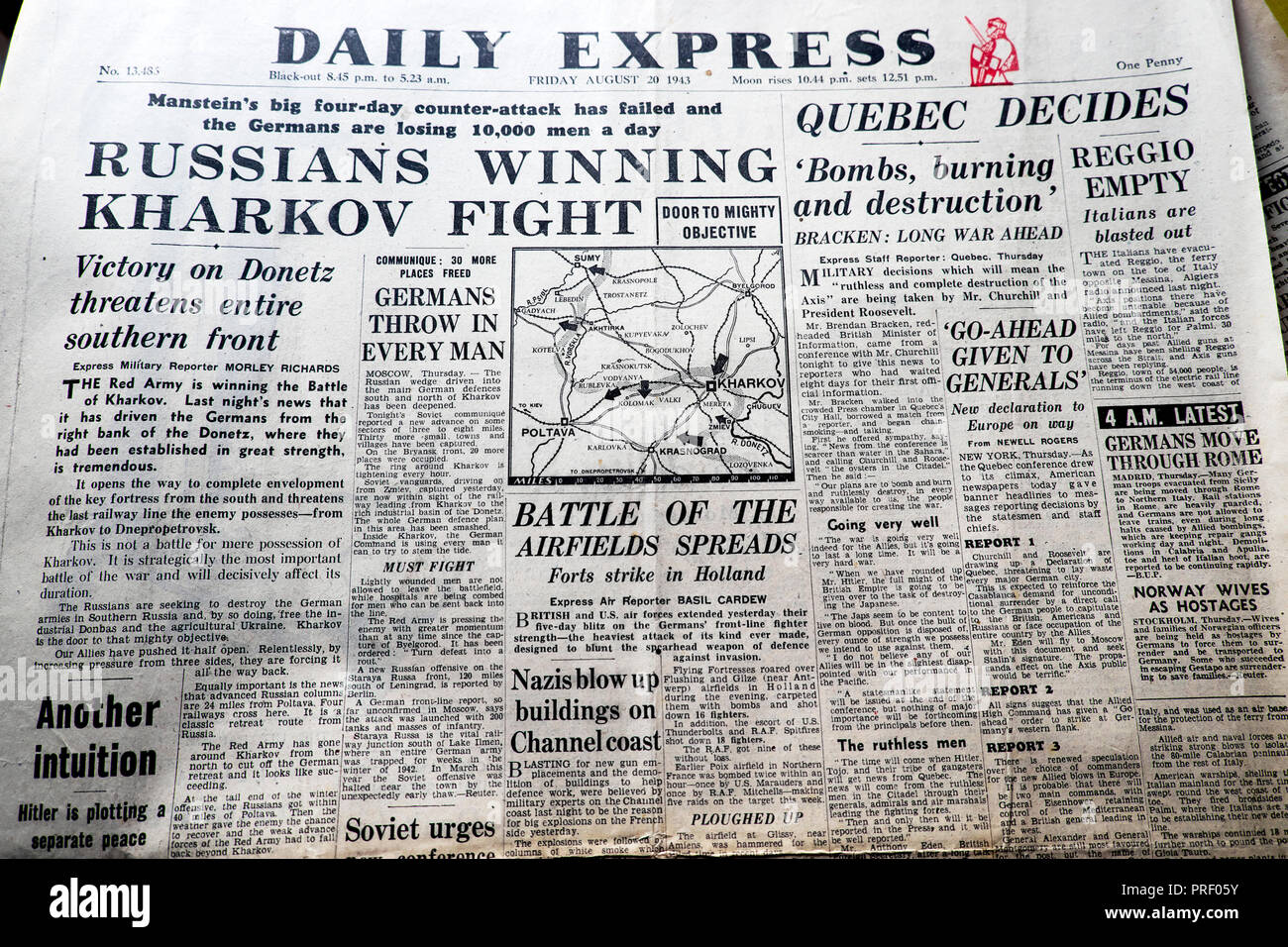 'Russians Winning Kharkov Fight'  front page headlines of the Daily Express newspaper August 20 1943 London UK  historical archive Stock Photo