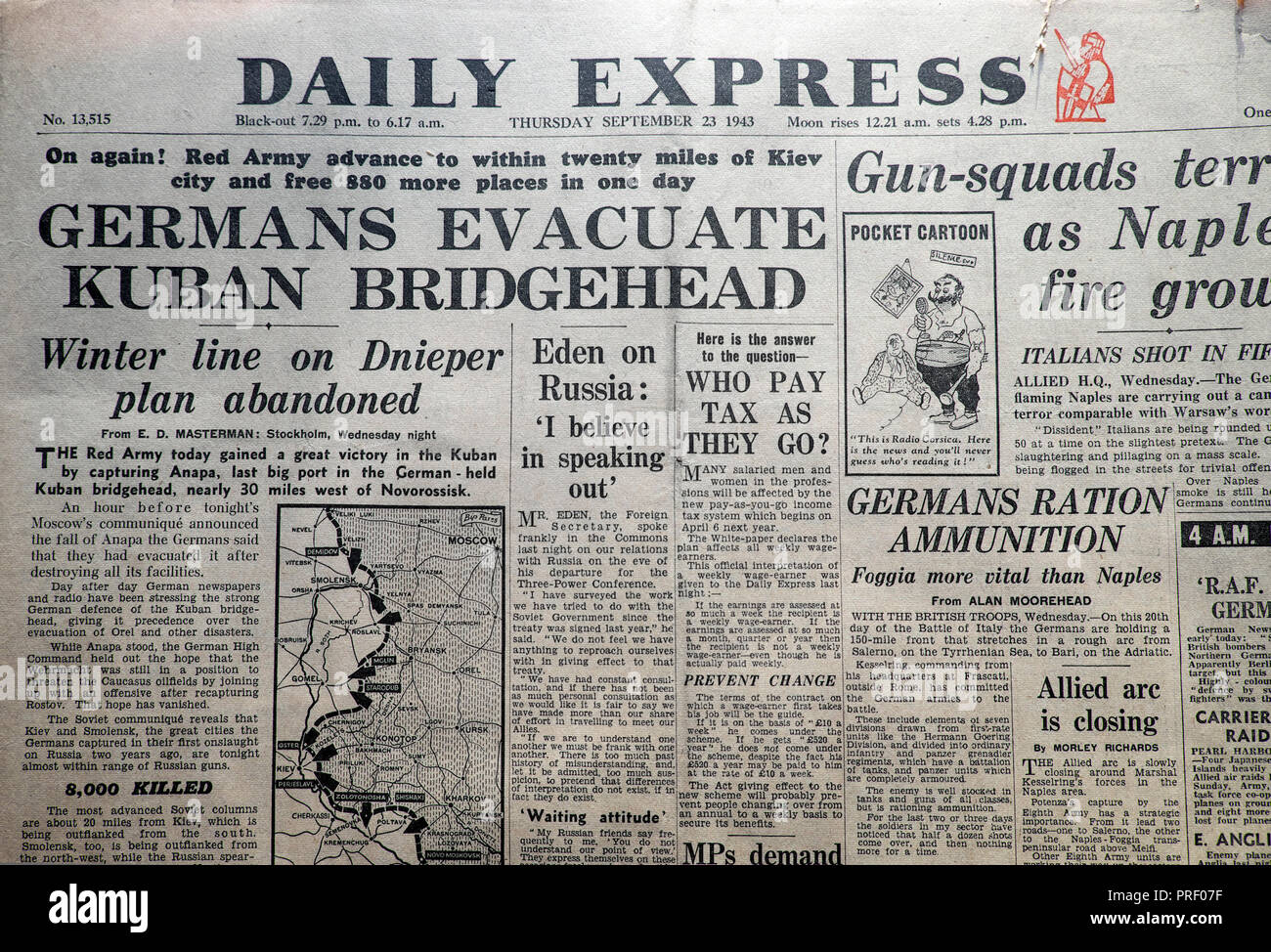 Front page headlines in Daily Express newspaper "Germans Evacuate Kuban  Bridgehead" London England UK September 23 1943 vintage historical archive  Stock Photo - Alamy