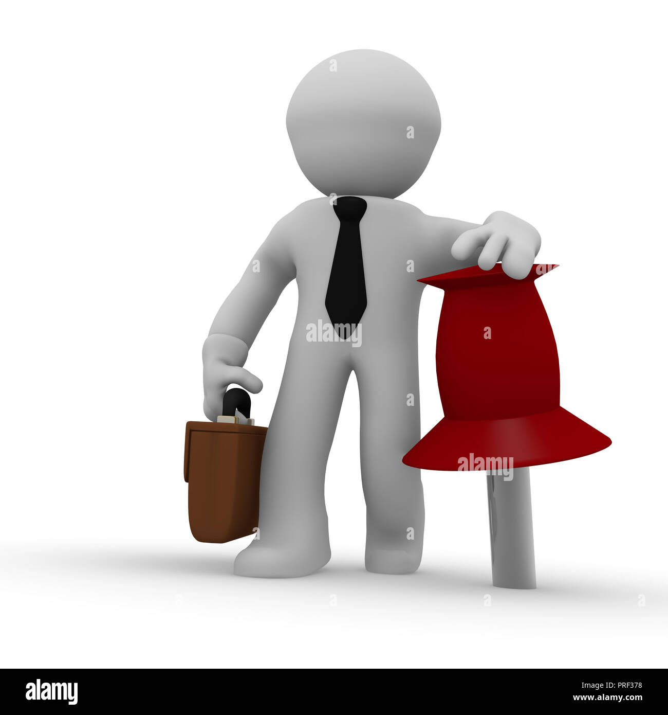 Small businessman with a big red pushpin, 3d rendering Stock Photo