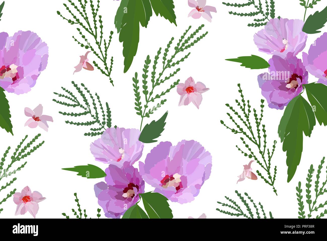 Floral seamless pattern with hibiscus flowers and leaves. Botanical ...