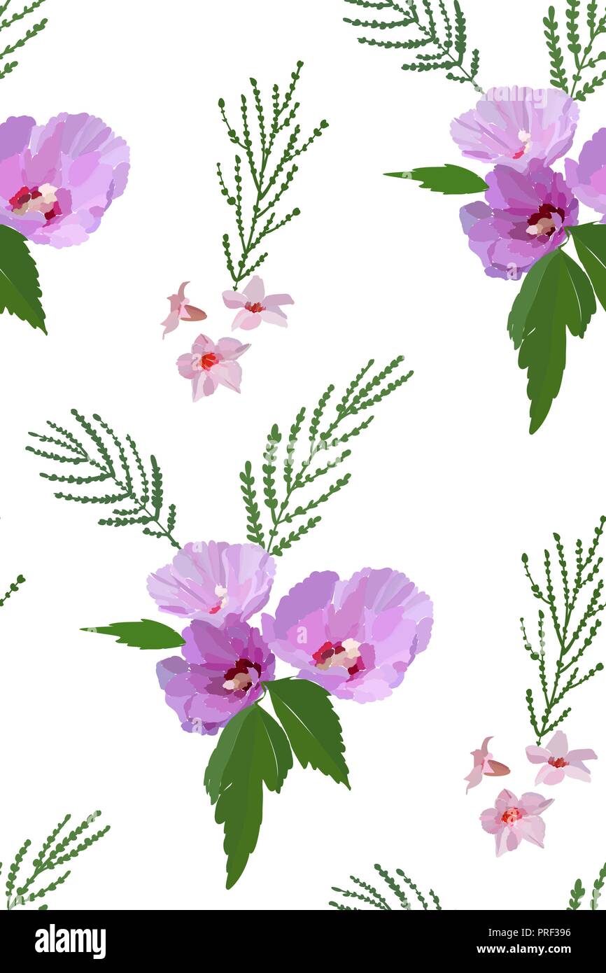 Floral seamless pattern with hibiscus flowers and leaves. Botanical ...