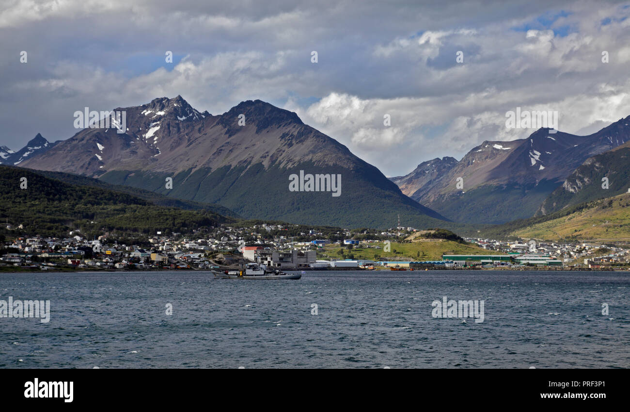 Ushuaia from the Beagle Channel, Tierra del Fuego, Argentina Stock Photo