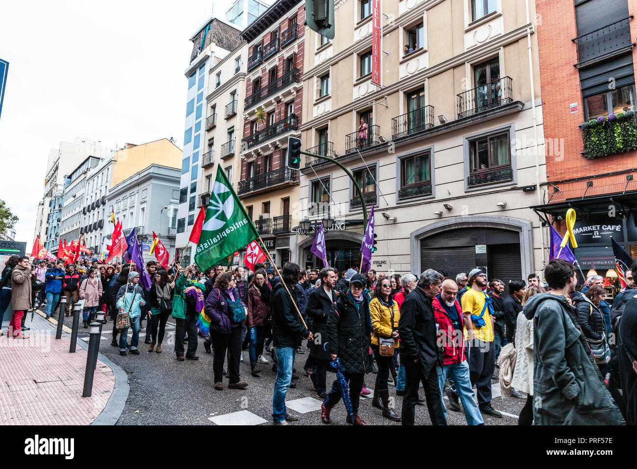 Multitudinaria manifestación en Gran Vía, Madrid, Spain. Stock Photo