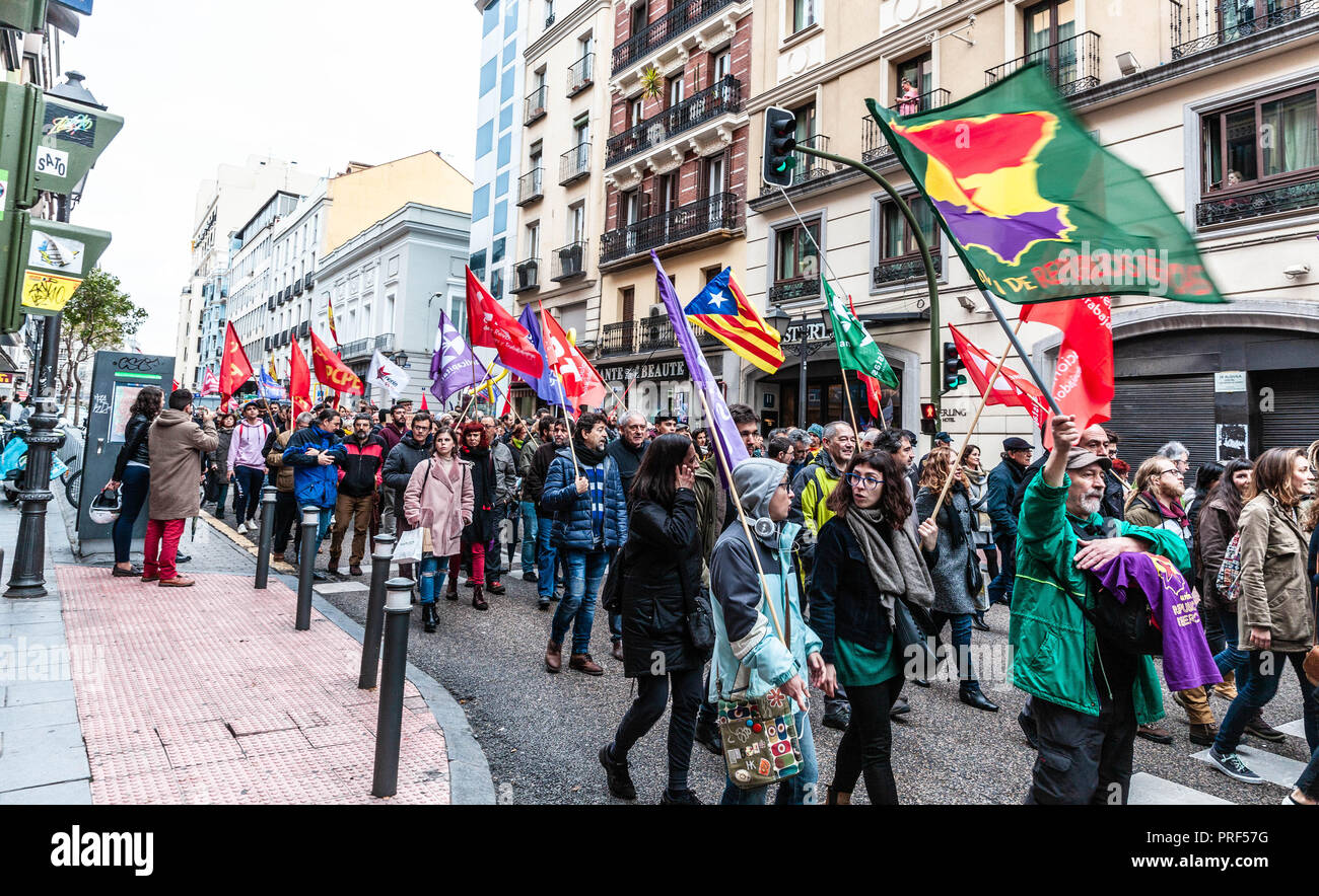 Multitudinaria manifestación en Gran Vía, Madrid, Spain. Stock Photo