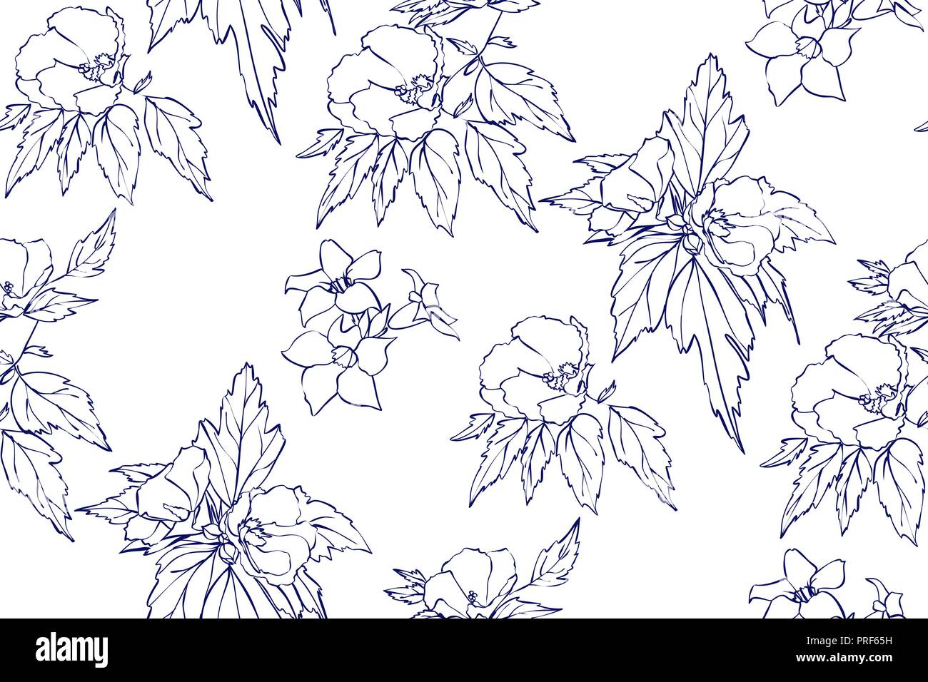 Floral seamless pattern with hibiscus flowers and leaves. Botanical ...
