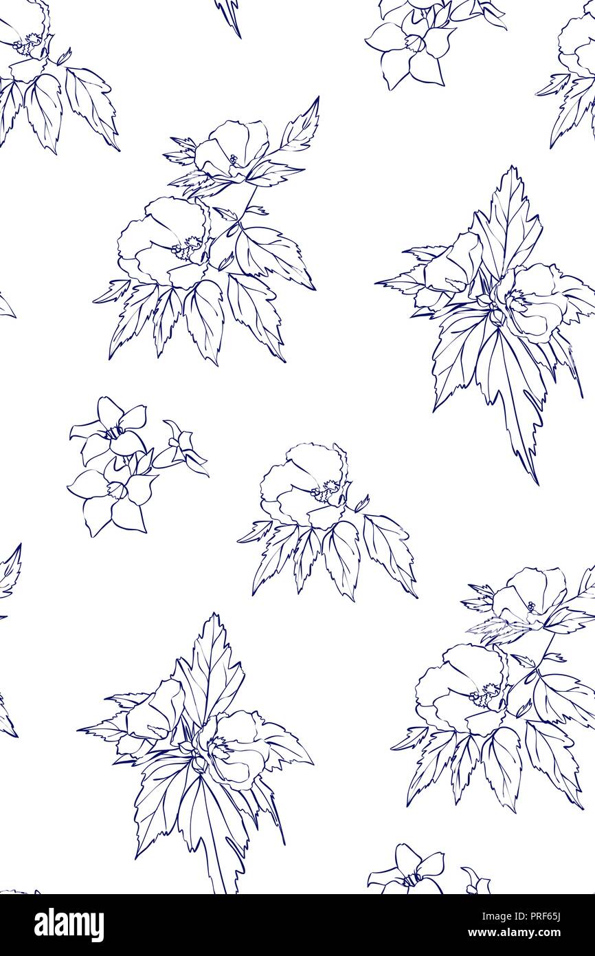 Floral seamless pattern with hibiscus flowers and leaves. Botanical ...