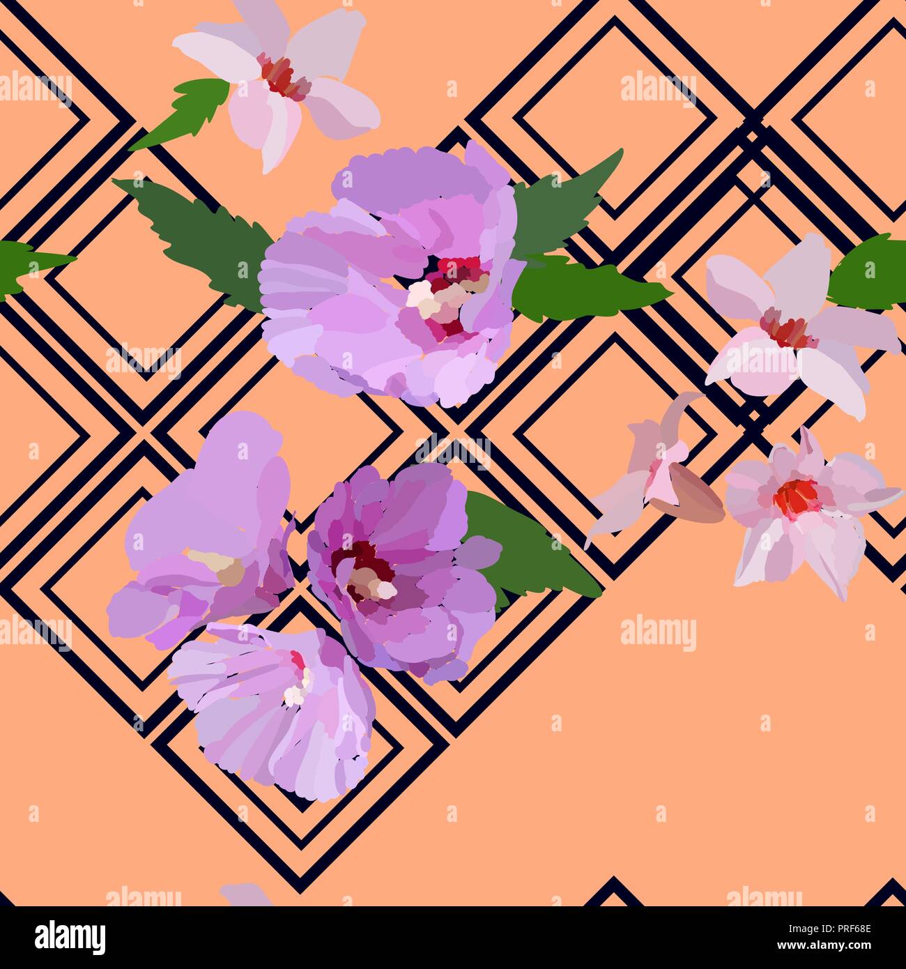 Floral seamless pattern with hibiscus flowers and leaves. Botanical ...