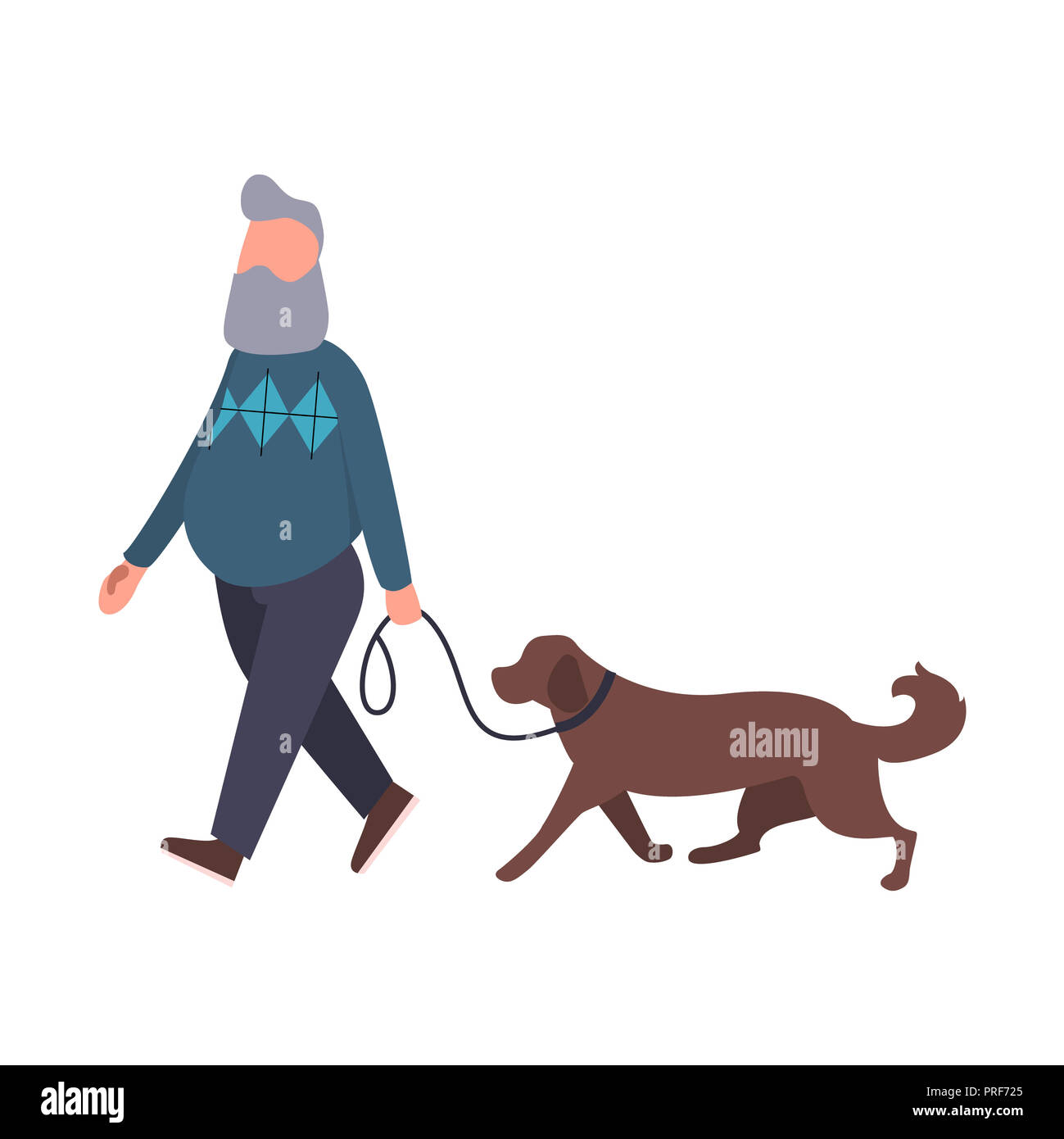Dog walker walking pet outdoor. Senior stroll with labrador. Cartoon flat character. Pet walking service concept art Stock Photo