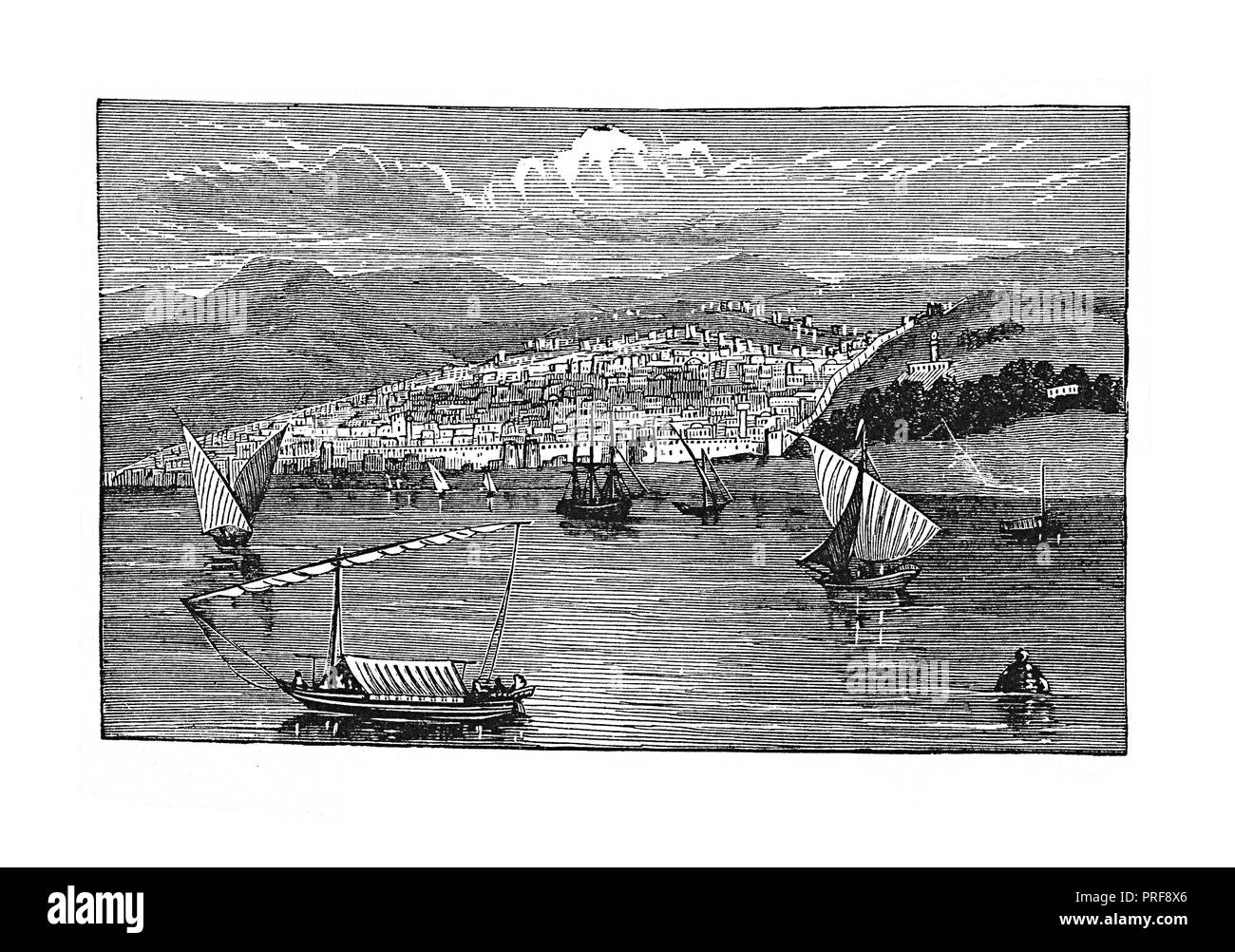 Original artwork (engraving) of the city of Thessalonica (Thessaloniki), Macedonia, Northern Greece. General view of the city with Thessaloniki Bay, panorama of the city and ships and boats. Published in A pictorial history of the world's great nations: from the earliest dates to the present times. (Charlotte M. Yonge Selmar Hess, New York, 1882). Stock Photo