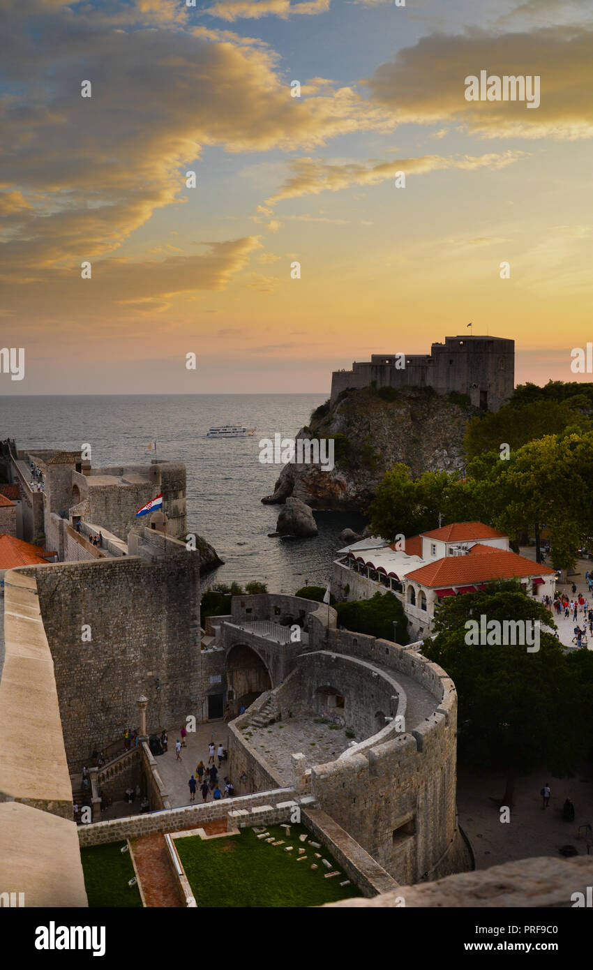 Looking from the city walls across the Pile Gate to Fort Lawrence, Old Town of Dubrovnik, Croatia Stock Photo