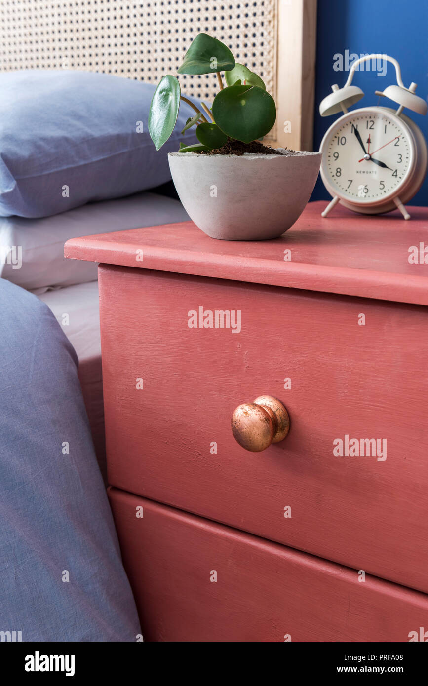 Houseplant and alarmclock on upcycled bedside table Stock Photo