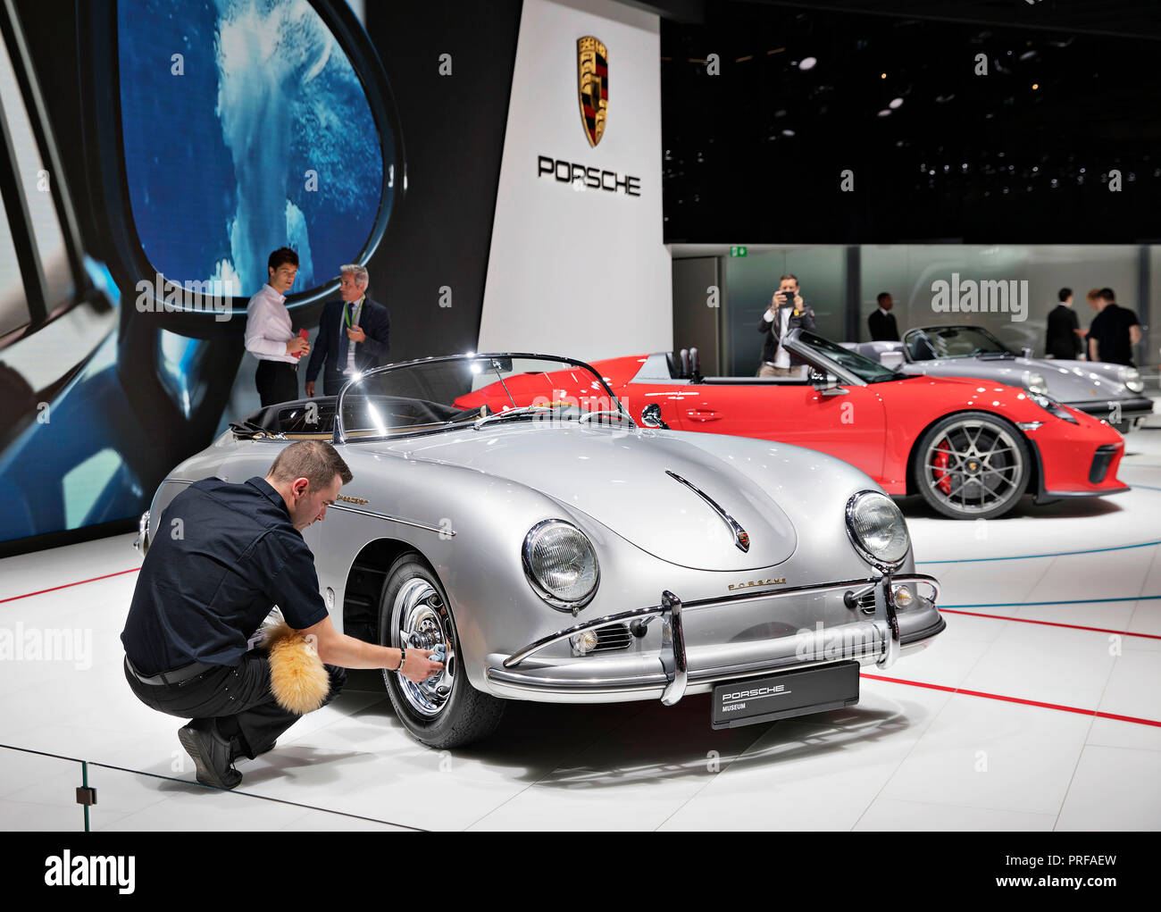 Oldtimer Porsche 356 Speedster contrasts with Porsche 911 Speedster Concept during the first press day of the International Motor Show in Paris, on Tu Stock Photo