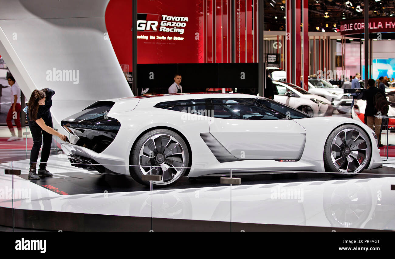 Audi presented new generation of Electric Supercar Audi PB18 e-tron during the first press day of the International Motor Show in Paris, on Tuesday, O Stock Photo