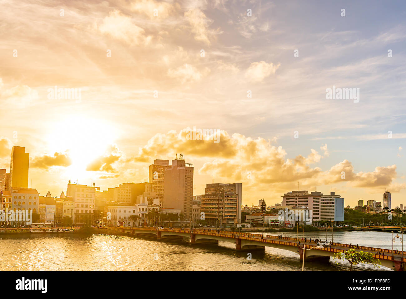 Sunset at Capibaribe River (Rio Capibaribe), Alfandega Bund (Cais da Alfândega), Recife, Pernambuco, Brazil Stock Photo