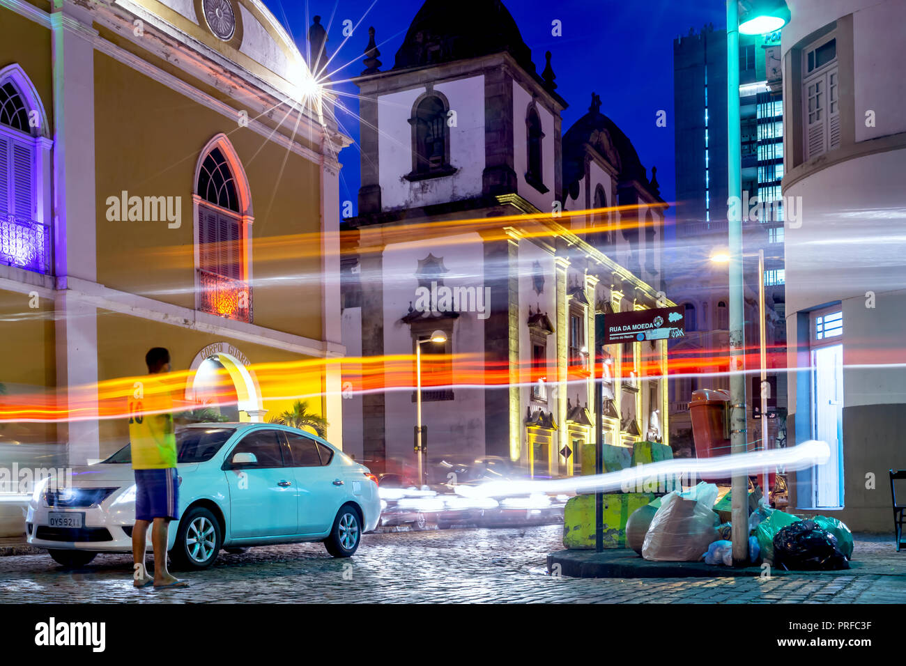 Light painting at Moeda Street (Rua da Moeda) with Brazilian yellow football shirt at Recife, Pernambuco, Brazil Stock Photo